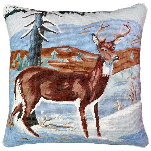 Snowy Mountain Deer Needlepoint Pillow
