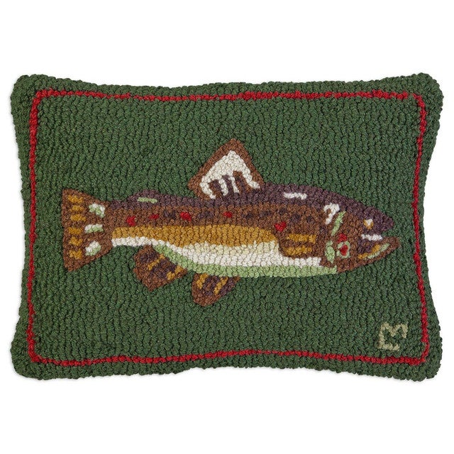 Brown Trout on Green Hooked Wool Rectangle Pillow - OUT OF STOCK UNTIL 11/19/2025